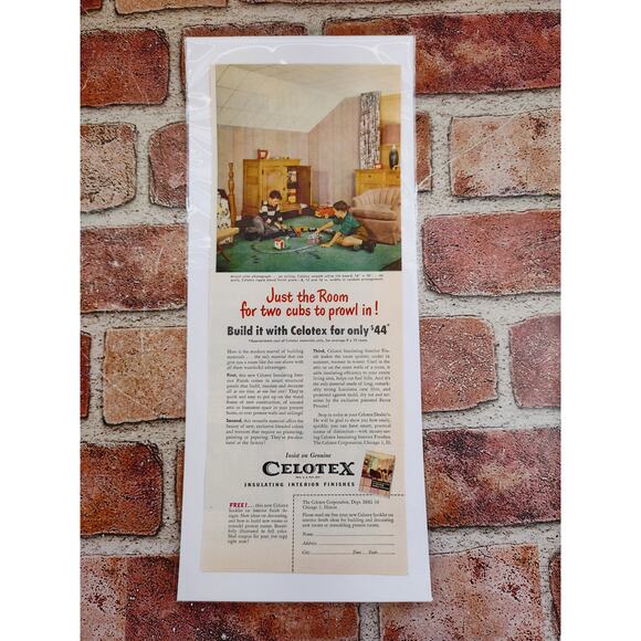 1950 Celotex Boys Playing with Train Set on Remodeled Attic Floor Vtg Print Ad - Picture 2 of 6